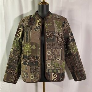 Dressbarn Brown & Green Jacquard Patchwork Print Open Front Jacket